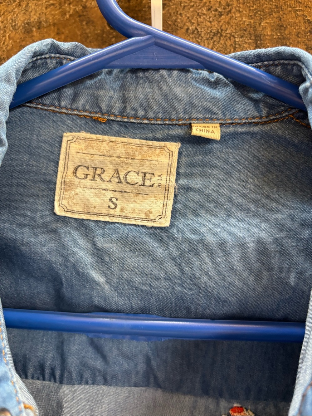 Grace Light Blue Denim Shirt with Orange Floral Embroidery EUC Size Small - Picture 7 of 13